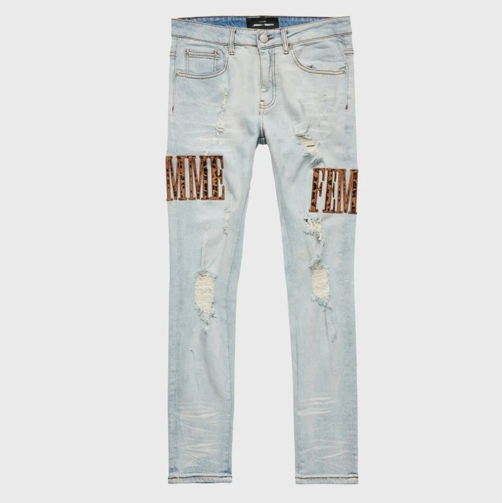 Homme Femme Jeans Letterman Denim Blue With Cheetah Letters NWT